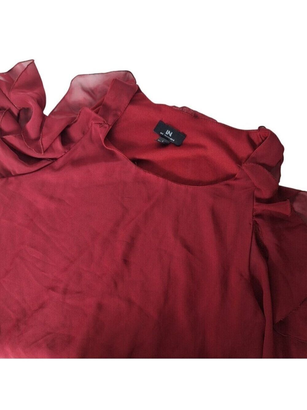 I.N. San Francisco Shift Dress Cold Shoulder Ruffle Sleeve Burgundy Large